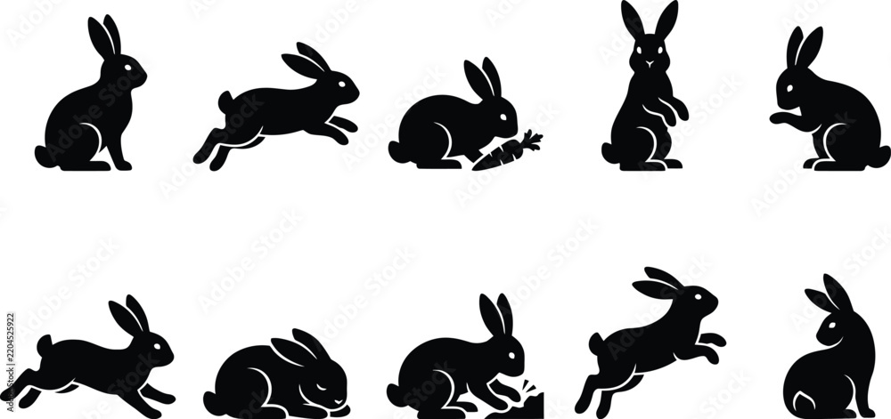 Fototapeta premium Rabbit silhouette vector collection, 10 black bunny icons in various poses, jumping and sitting hare set for Easter and nature designs
