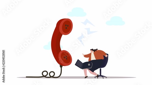 Business communication concept with person working on laptop and vintage ringing telephone