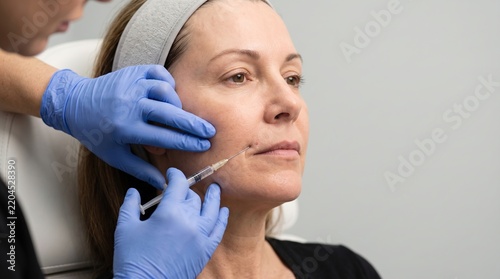 Dermatologist giving facial injection treatment to a mature woman around the lip and cheek area in aesthetic medical clinic