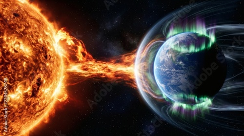 Astrophysics concept of intense solar wind bombarding Earth magnetic field with green aurora borealis.