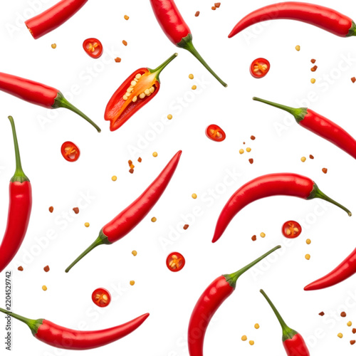 Colorful red chili peppers arranged in artistic pattern