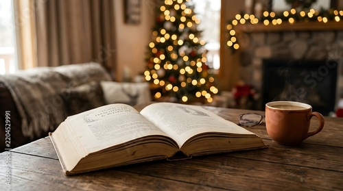 Cozy Christmas scene with open book and coffee cup on wooden table