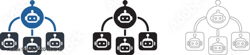 AI Robot Hierarchy and Multi Agent Network Icon Set with Connected Robot Nodes in Blue, Black and Outline Vector Styles