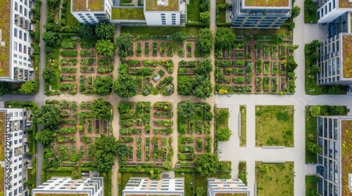 Expansive Urban Community Gardens in a City Neighborhood Showcasing Lush Greenery and Sustainable Living