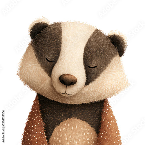 Cute woodland badger portrait with distinctive dark facial markings and warm neutral coloring isolated on white background for nursery and forest themed illustrations
