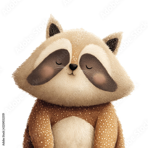 Adorable woodland raccoon portrait with signature dark eye mask and soft fluffy fur isolated on white background for nursery storybook and forest designs