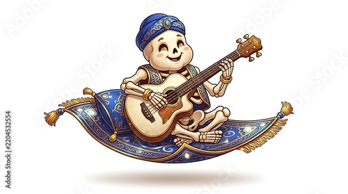 A cute cartoon skeleton playing acoustic guitar on a magical flying carpet in a fantasy illustration