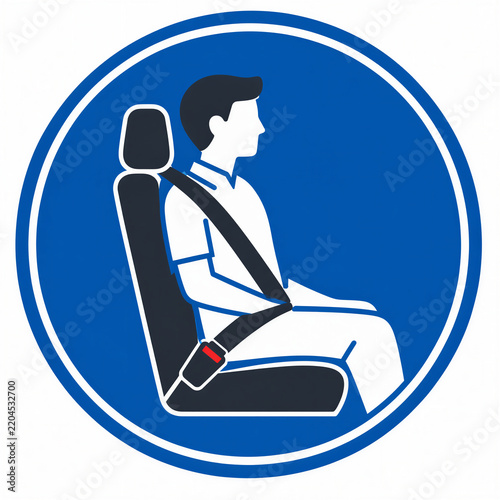 Man wearing seat belt mandatory sign icon isolated on white background passenger driver safety first workplace hazard warning label blue circle vector
