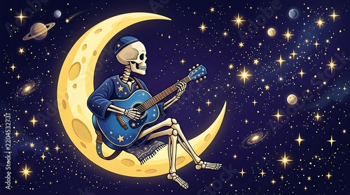 A mystical skeleton musician playing an acoustic guitar while sitting on a crescent moon in space