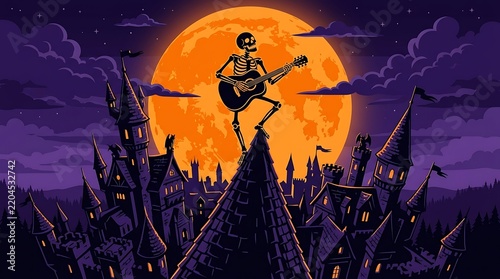 A skeleton playing an acoustic guitar while balancing on the roof of a haunted castle