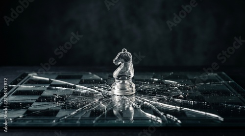 Glass chess piece on cracked mirror reflecting strategic conflict and crisis
