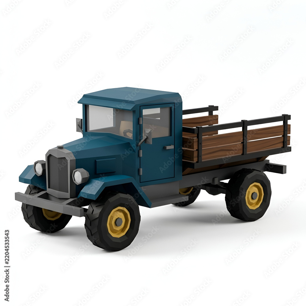 Obraz premium Low Poly 3D Render of a heavy-duty construction truck with a flatbed and oversized tires, on isolated white background