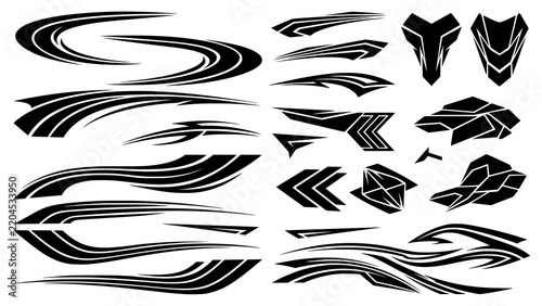 Collection of black racing vinyl decals and abstract car body stickers