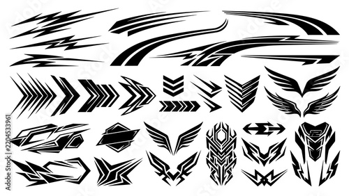 Set of black racing vinyl decals with wing motifs and sharp shapes