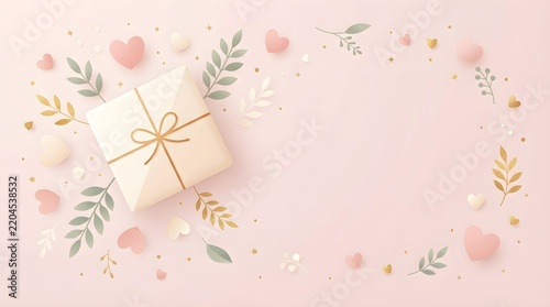 A delicate pink aesthetic background adorned with a wrapped gift box, gold foliage, and romantic heart shapes.