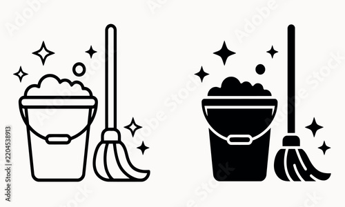 Cleaning mop and bucket icon set