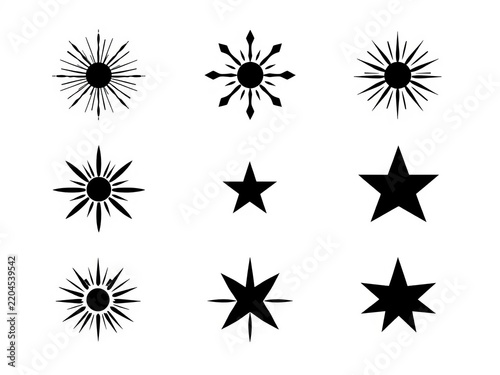 Set of eight black starburst and star icons isolated on white background, simple, white