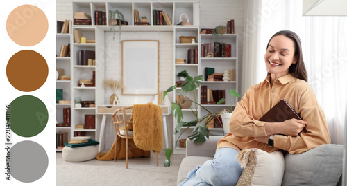 Mindfulness and mental health, happy woman relaxing at home with a book in a ...