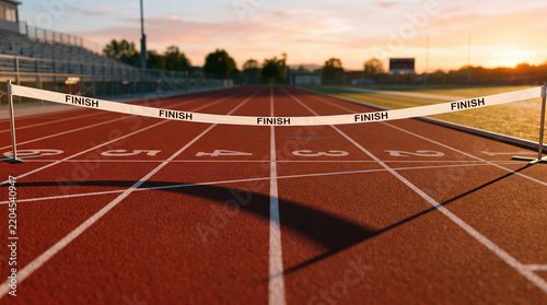 Finish line tape casting shadow across running track at sunset, marking victory and athletic competition in empty stadium