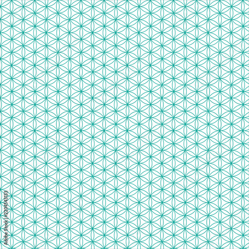 Seamless teal flower of life geometric pattern, symmetrical vector background design