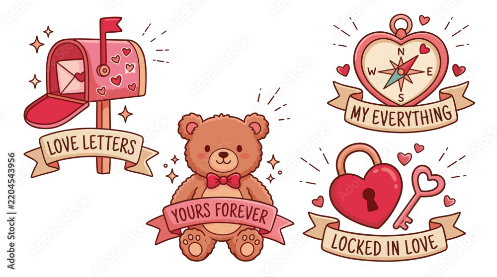 Obraz premium Cute Valentine's Day sticker set with teddy bear, love letters, heart compass and lock illustrations