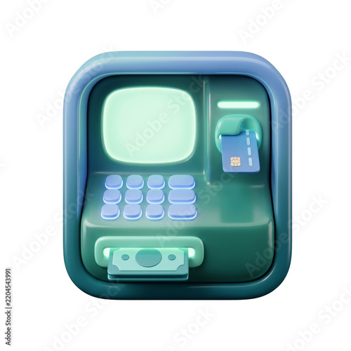 3D ATM machine icon with credit card and cash slot, representing automated banking and finance services.