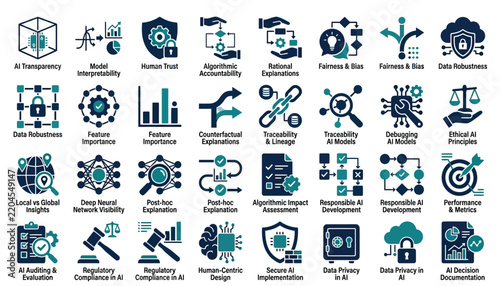 Bild auf Leinwand Set of artificial intelligence and machine learning icons representing ethics, t