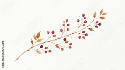 Watercolor branch with small red berries and autumn leaves isolated on white background