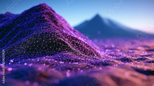 Futuristic purple landscape with digital terrain and distant mountains