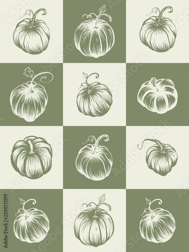 Vintage Hand-Drawn Pumpkin Pattern on Sage Green Checkered Background, Autumn Harvest Doodle Illustration for Seasonal Decor and Halloween Scrapbooking