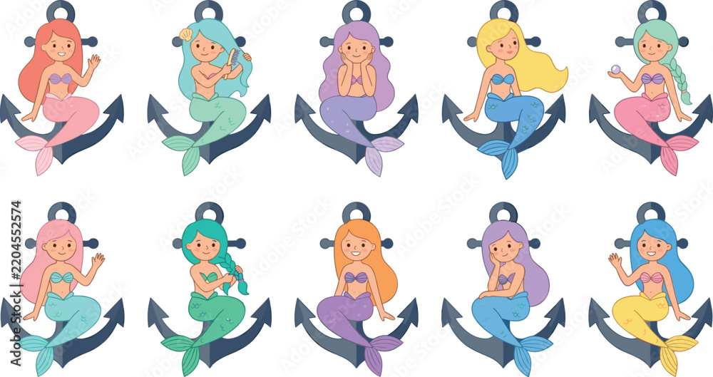Obraz premium Cute Cartoon Mermaid Vector Character Set Sitting on Nautical Ship Anchors with Colorful Hair and Fish Tails for Fantasy Ocean Designs