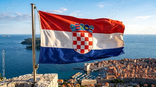 Croatian flag waving over the historic city of Dubrovnik at sunset