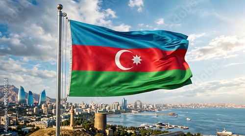 Azerbaijan flag waving over Baku city skyline with blue sky and clouds