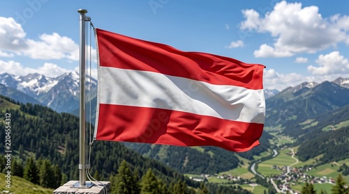 Austrian flag waving against a scenic Alpine mountain landscape background
