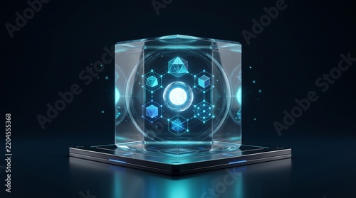 Transparent glass cube displaying glowing digital geometric blockchain nodes on podium representing decentralized data security concept