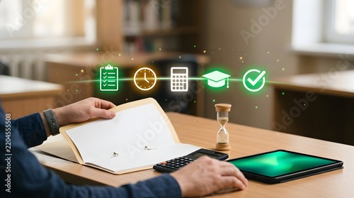 Person holding an open folder at a desk with digital education icons