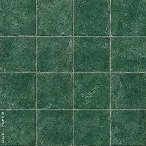 Emerald Green Ceramic Square Tile Texture with Grout Lines, Bathroom Wall Background