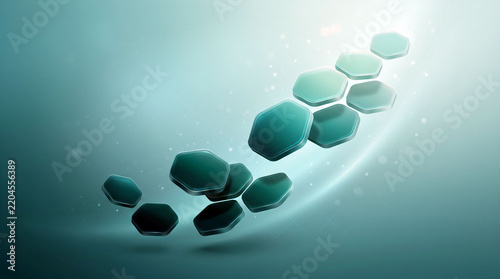 Floating teal hexagonal tiles ascending towards a bright glowing light source on a gradient background