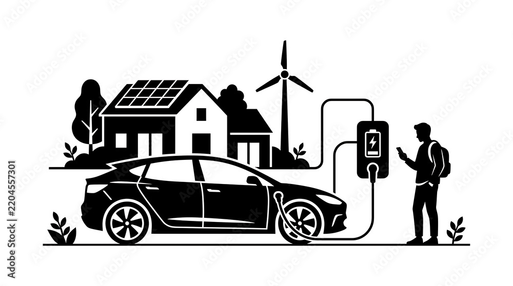 Obraz premium Electric car charging at home with solar panels and wind turbine during renewable energy transition