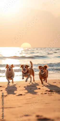 Golden light bathes four eager dogs, tails a blur of joy on a peaceful beach as the sun dips below the calm blue sea,  pure bliss,  wagging tails