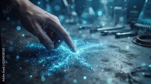 Human hand touches glowing blue particles on dark surface with bokeh lights and blurred lab tools in background