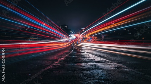 Long exposure night shot of colorful car light trails on wet asphalt road