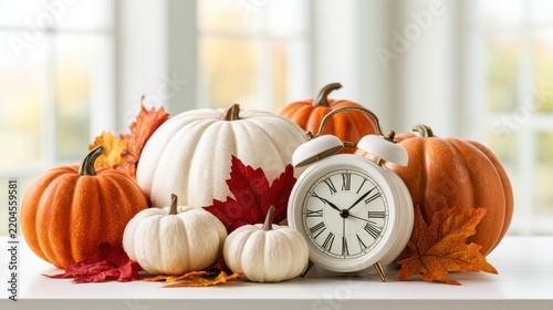 A collection of white and orange pumpkins with autumn leaves and a white vintage alarm clock set to 10:10 on a bright windowsill.
