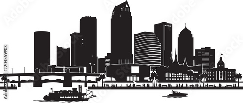 Adobe Illustrator Artwork of Tampa Florida Skyline Silhouette with Scenic Waterfront Riverwalk and Downtown High Rise Skyscrapers
