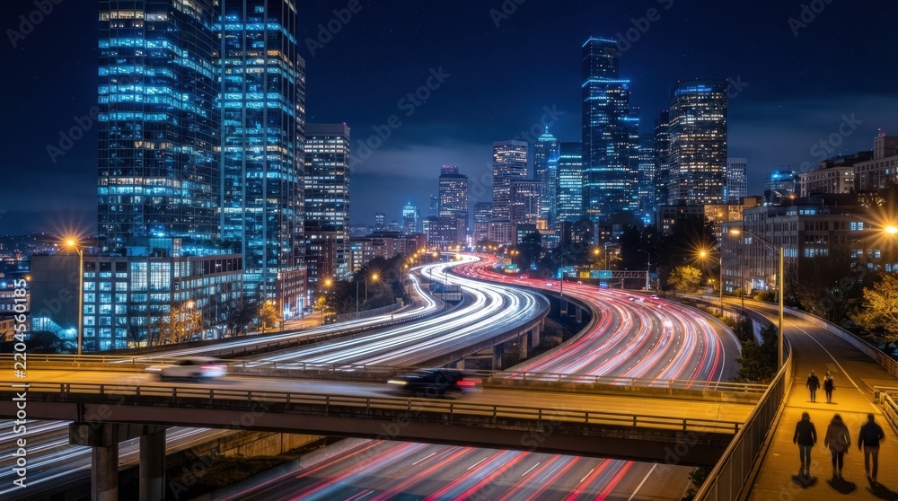 Fototapeta premium Nighttime urban highway with blue light trails and illuminated skyscrapers