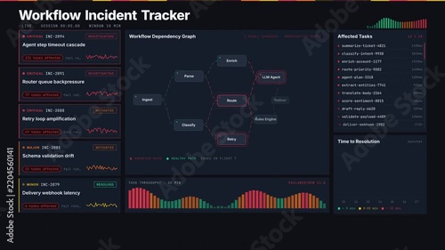 An animated AI workflow incident dashboard visualizes failures and affected tasks with real-time severity indicators, incident cards, and a directed acyclic graph layout in dark mode.