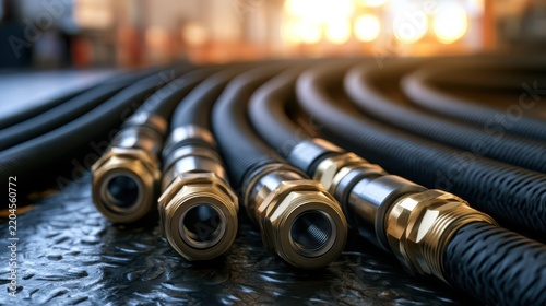 Close-up of hydraulic hoses with brass fittings arranged in parallel on a textured surface, illuminated by warm light in an industrial setting.