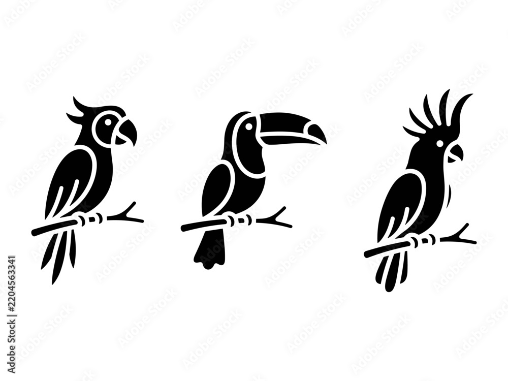 Fototapeta premium Tropical Bird Icons Set with Parrot Toucan and Cockatoo