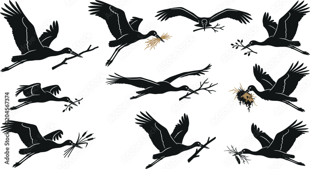 Obraz premium Flying Stork Silhouette Vector Set with Migrating Birds Carrying Sticks and Twigs for Nest Building in Wildlife and Nature Conservation Graphic Designs