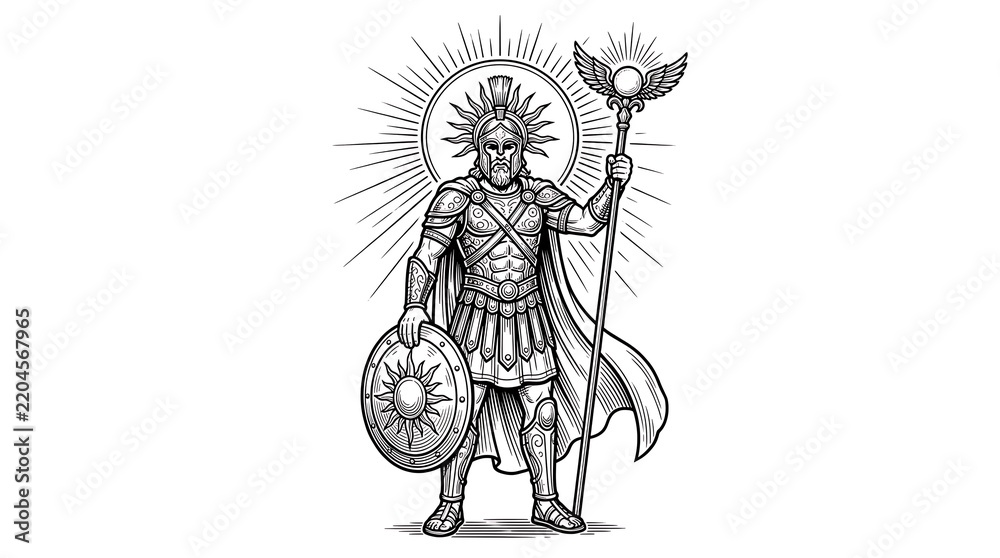Obraz premium Ancient Greek God Apollo Illustration with Sun Shield and Staff Black and White Engraving Style